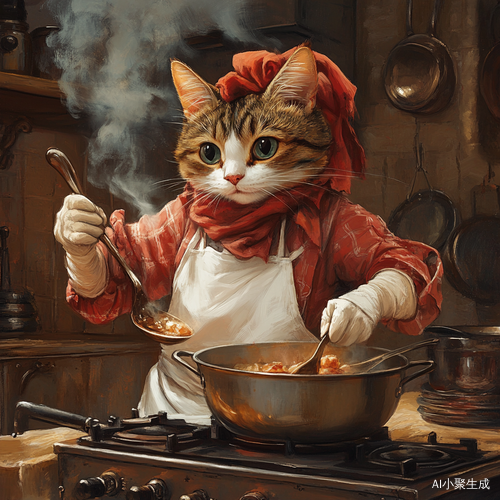 母猫在厨房忙碌煮饭