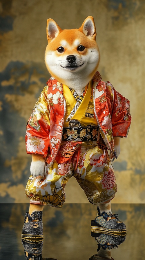 拟人狗日本柴犬，柴犬时装秀，全身，身穿时尚的衣服和精美的饰品，拟人话，高端设计风格，面条的身材，正面，面对相机，全景镜头，栩栩如生，豪华的T台背景，鲜艳的色彩，高纹理，广角，高质量