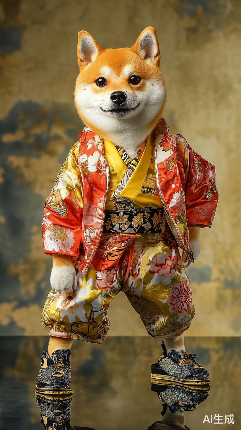 全身穿时尚衣服的拟人柴犬时装秀豪华T台