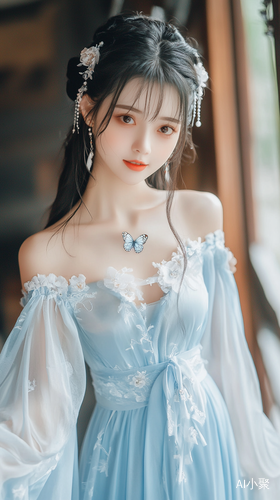 Chinese Woman in Light Blue Off the Shoulder Dress with Butterfly Decoration