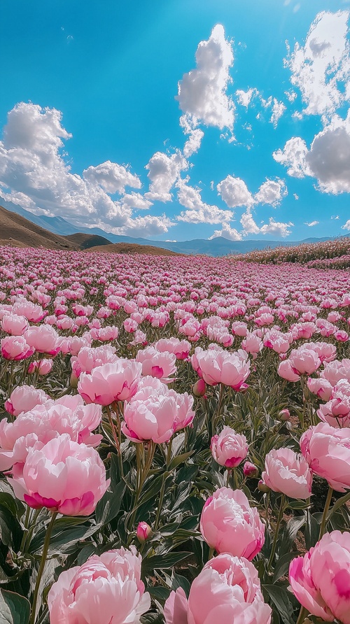 蓝天下一个五颜六色牡丹花的花海，