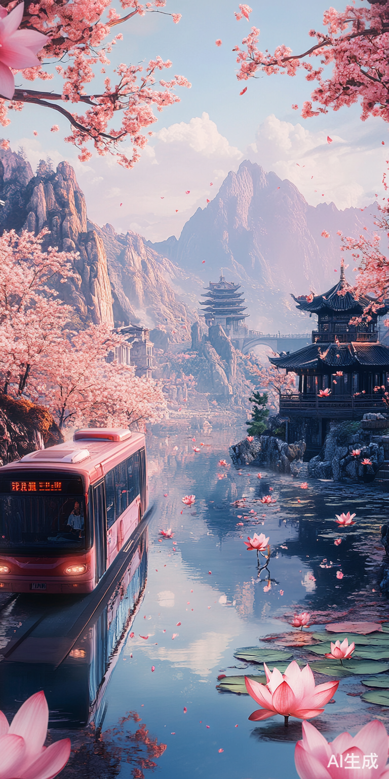巴士缓行桃花山与荷花池塘的美丽景致