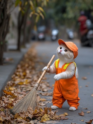 一条街道的路边，一个橘白色猫咪拿着扫帚在扫地。在扫地，（橘黄色的工作服），（黄色反光条），（橘黄色帽子），（面相和善），（满脸笑容），（衣装朴素），（干净整洁），（很大的竹扫把），地上有许多落叶，行人不多，沧桑的脸，粗糙的手