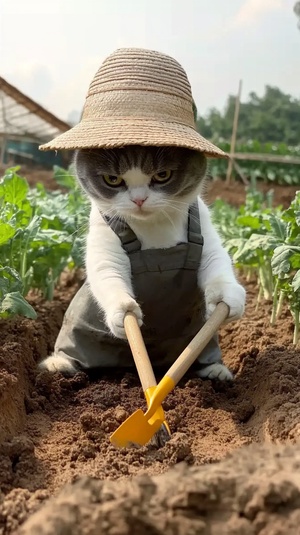 一只灰色的猫，头上戴着草帽，两只手拿着锄头，在菜地里面挖土，