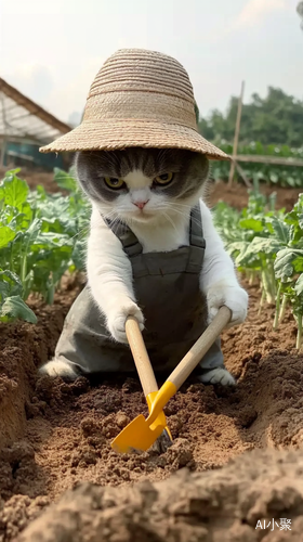 灰色猫咪戴草帽在菜地里挖土