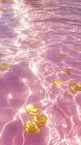 梦幻湖面金色与粉红色的幻想摄影