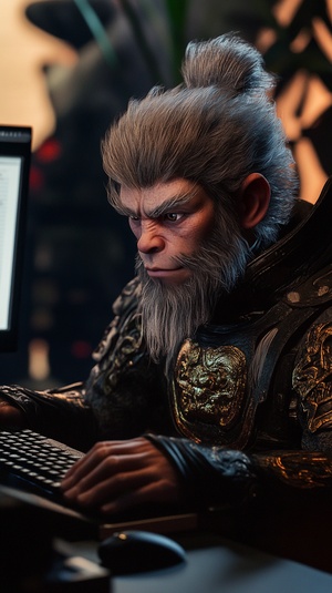 Wukong works in an office, keyboard, monitor, mouse, writing, working hard