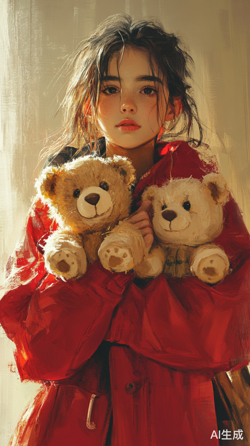 穿红衣的少年与两只泰迪的温馨画面
