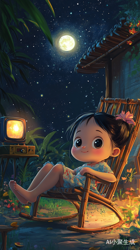夜空下的女孩与温暖的庭院插画