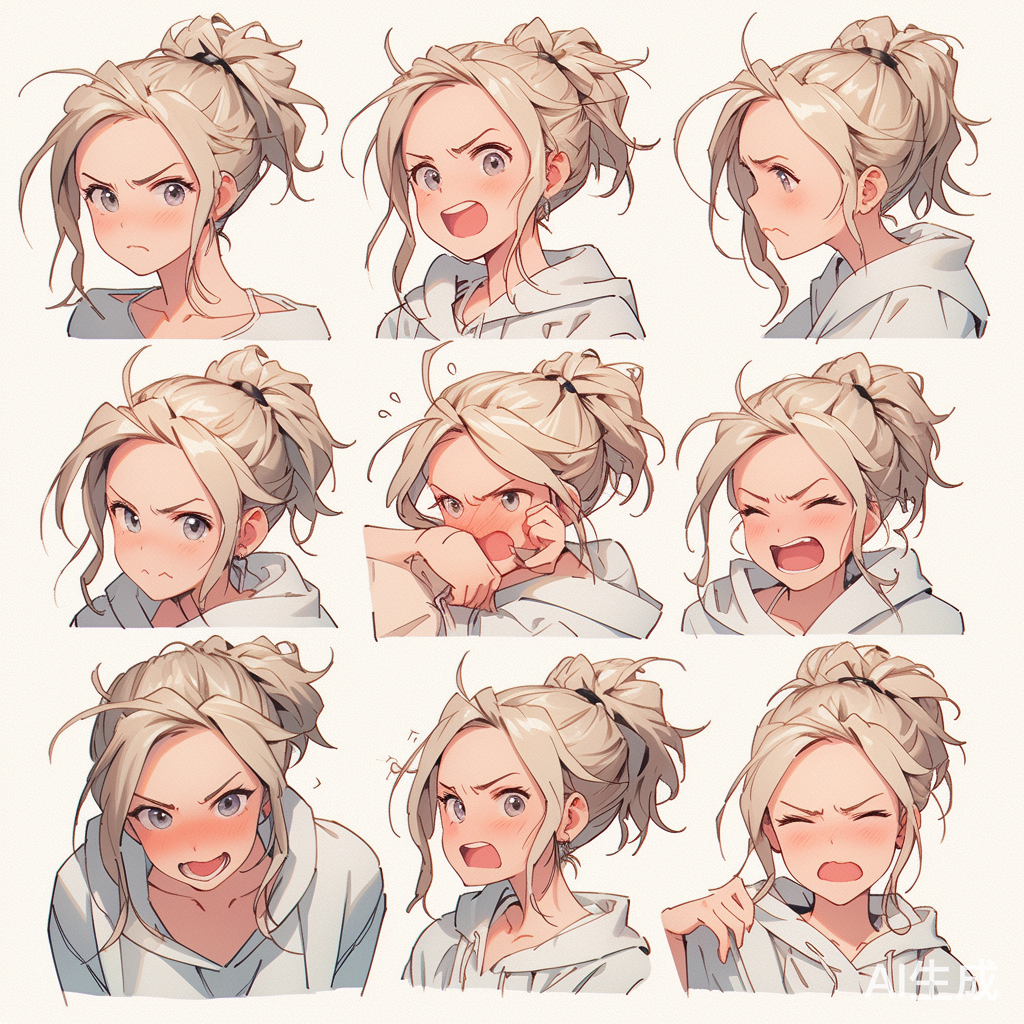 生气女孩插画扎马尾白衣蓝牛仔裤