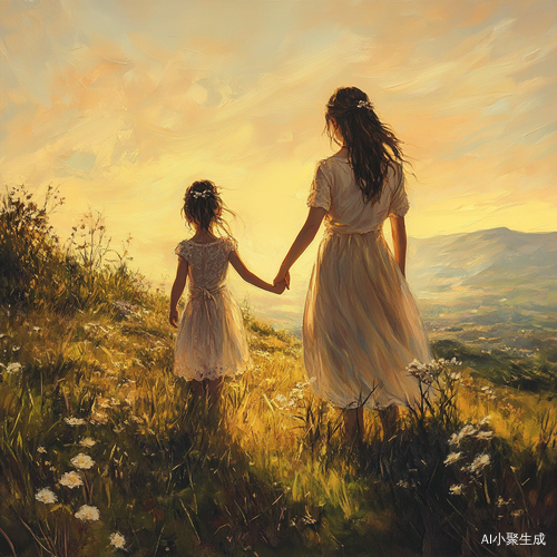 夕阳下母女手牵手在山坡上眺望