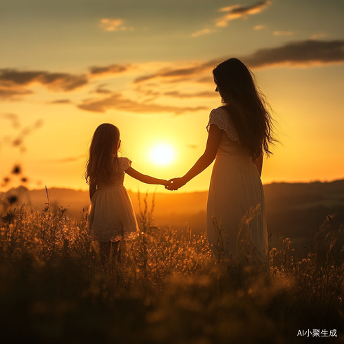 夕阳下母女手牵手在山坡上眺望