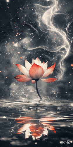 Dreamlike Ink Painting with Ethereal Backdrop and Floating Red Lotus