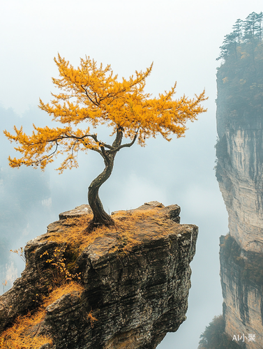 张家界悬崖上的金色老树与山水画风景