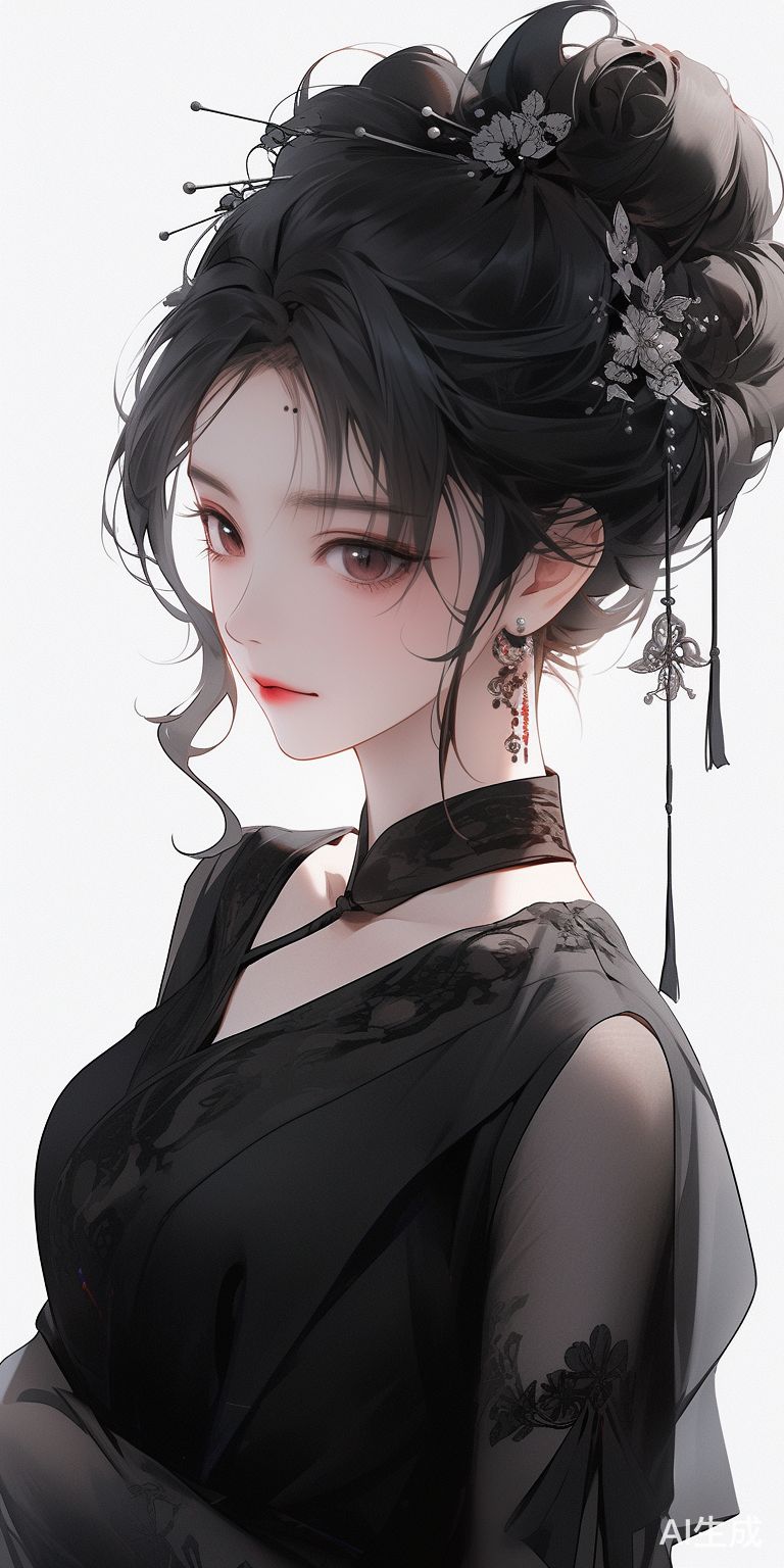 中国女孩穿黑色旗袍发簪盘头