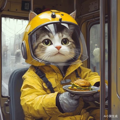 猫骑电车送外卖穿黄色餐服和头盔