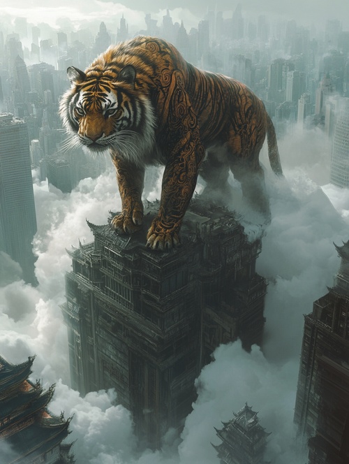 A complex patterned South China Tiger with a tall and muscular physique stands on top of a city building surrounded by white smoke. The swirling mist surrounds it. The background is towering Chinese skyscrapers and palaces, creating an atmosphere full of Eastern mystery and magic. This is an artistic illustration created using digital painting techniques. It showcases a surreal scene, with detailed textures highlighting every detail in the artwork, adopting a style of focus stacking and super-resolution –ar