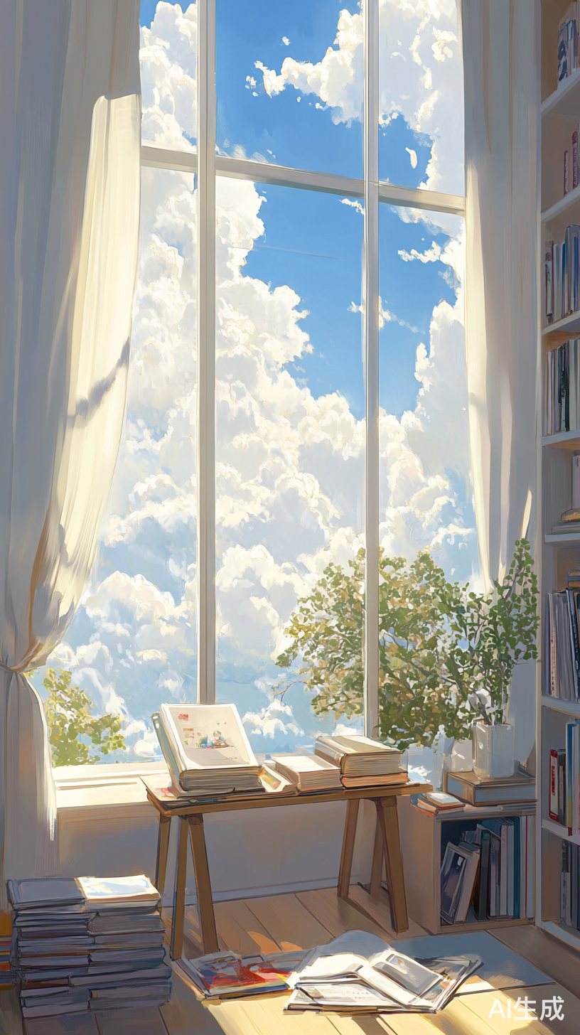 白云下的房间白色窗帘与桌上拍立得和书