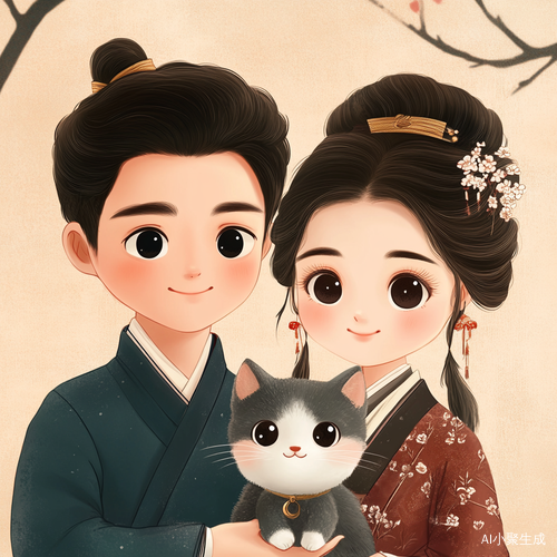 年轻夫妻与布偶猫的卡通生活