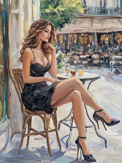 oil painting on canvas of a beautiful woman in a black dress sitting at a table outside a Parisian cafe looking in the distance, legs crossed in an elegant pose, side view of a full body shot, brown hair, wearing high heels on a summer day, detailed face, in the style of portrait Impressionist, expressive brushstrokes, delicate features v 6.1 s750 ar 3:4