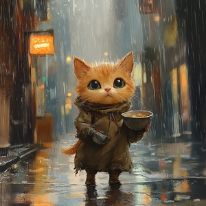 下雨天的小橘猫在大街上乞讨