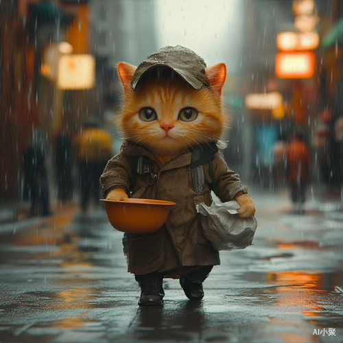 下雨天的小橘猫在大街上乞讨