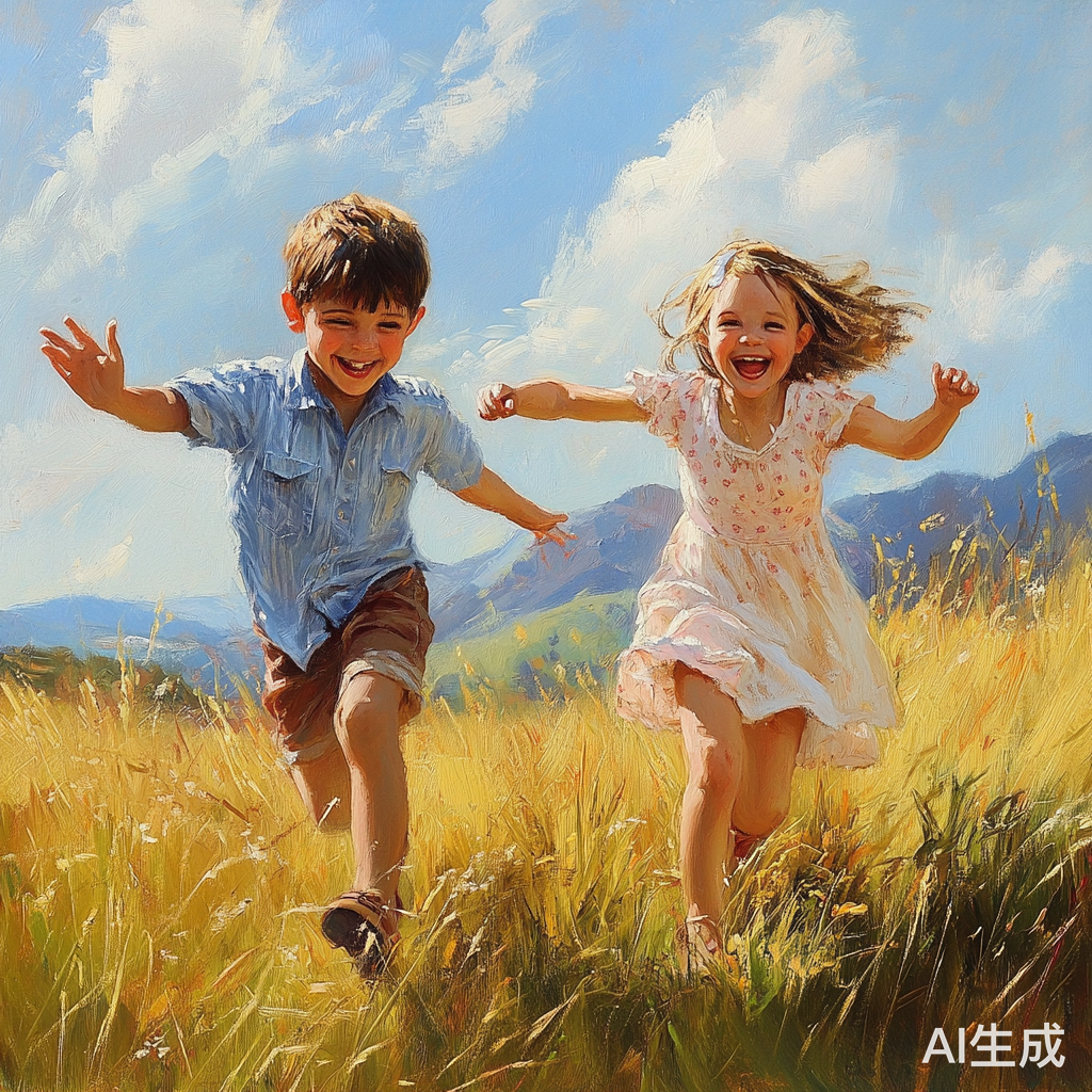 草原上两个小朋友开心玩耍的美好时光