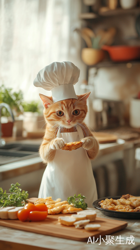 可爱橘猫戴厨师帽在明亮厨房做西餐