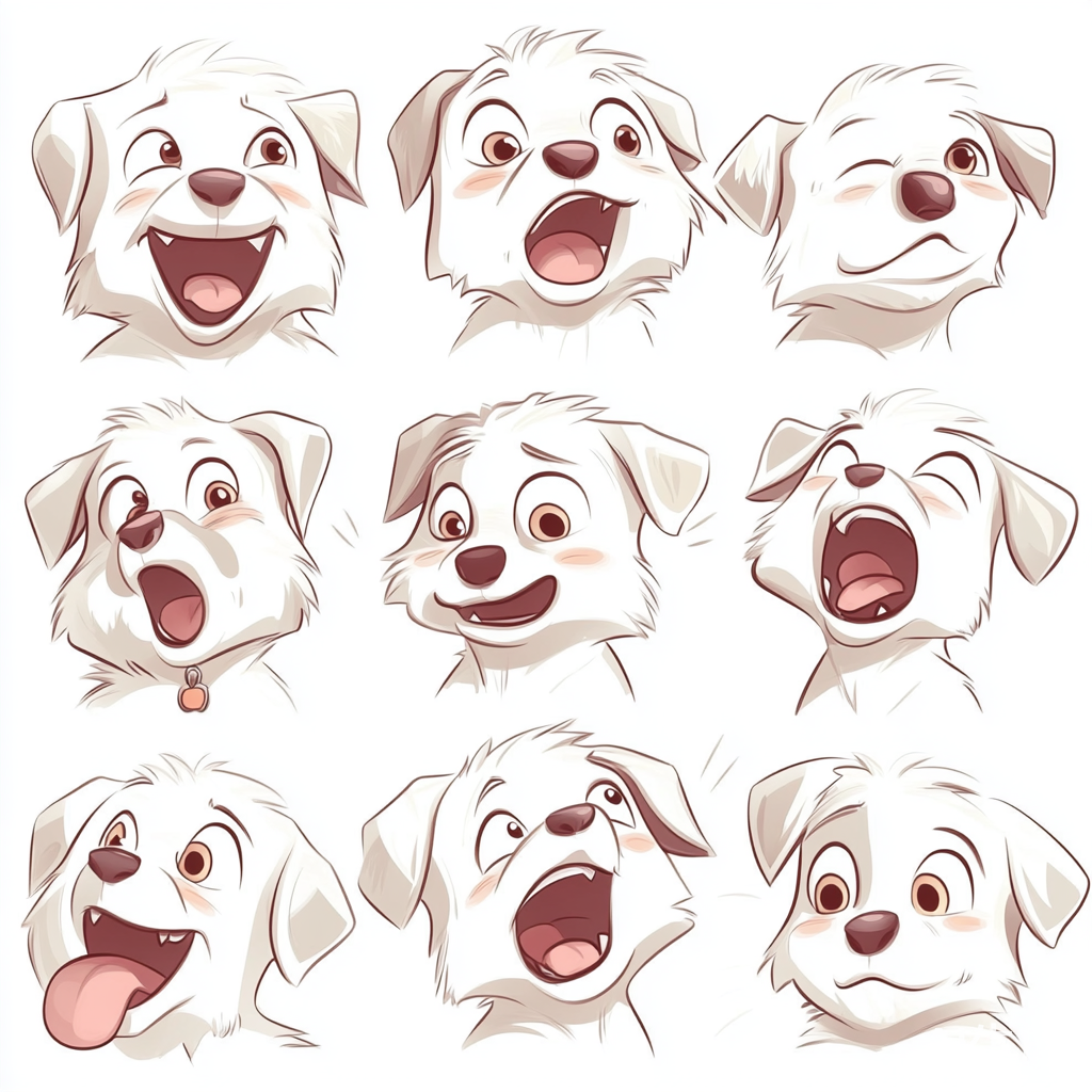 搞怪白色小狗的16种表情与动作卡通贴纸艺术