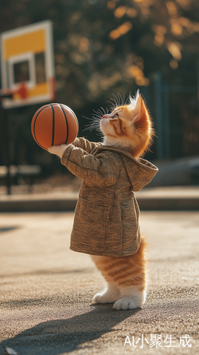 阳光下穿校服的小橘猫打篮球的可爱瞬间