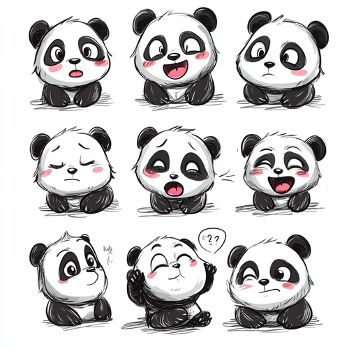 可爱熊猫拟人化表情插画风格设计