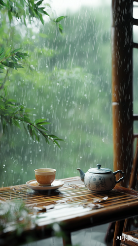 雨中竹茶几与竹椅的惬意茶时光