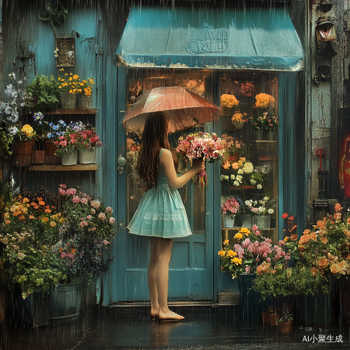 雨天花店门口的长裙女孩