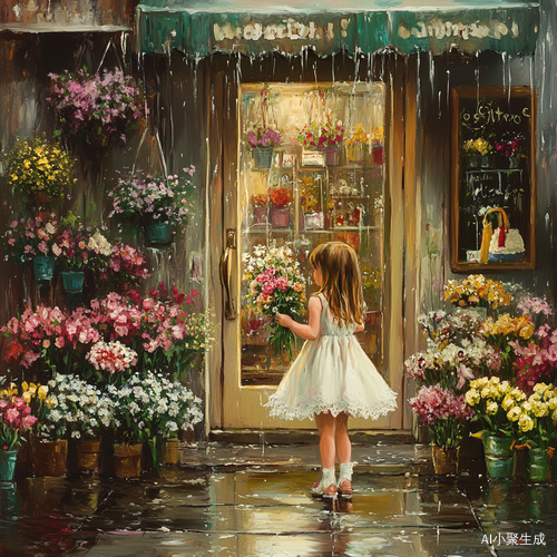 雨天花店门口的长裙女孩