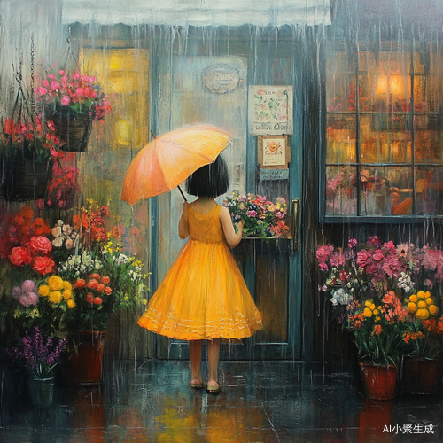 雨天花店门口的长裙女孩