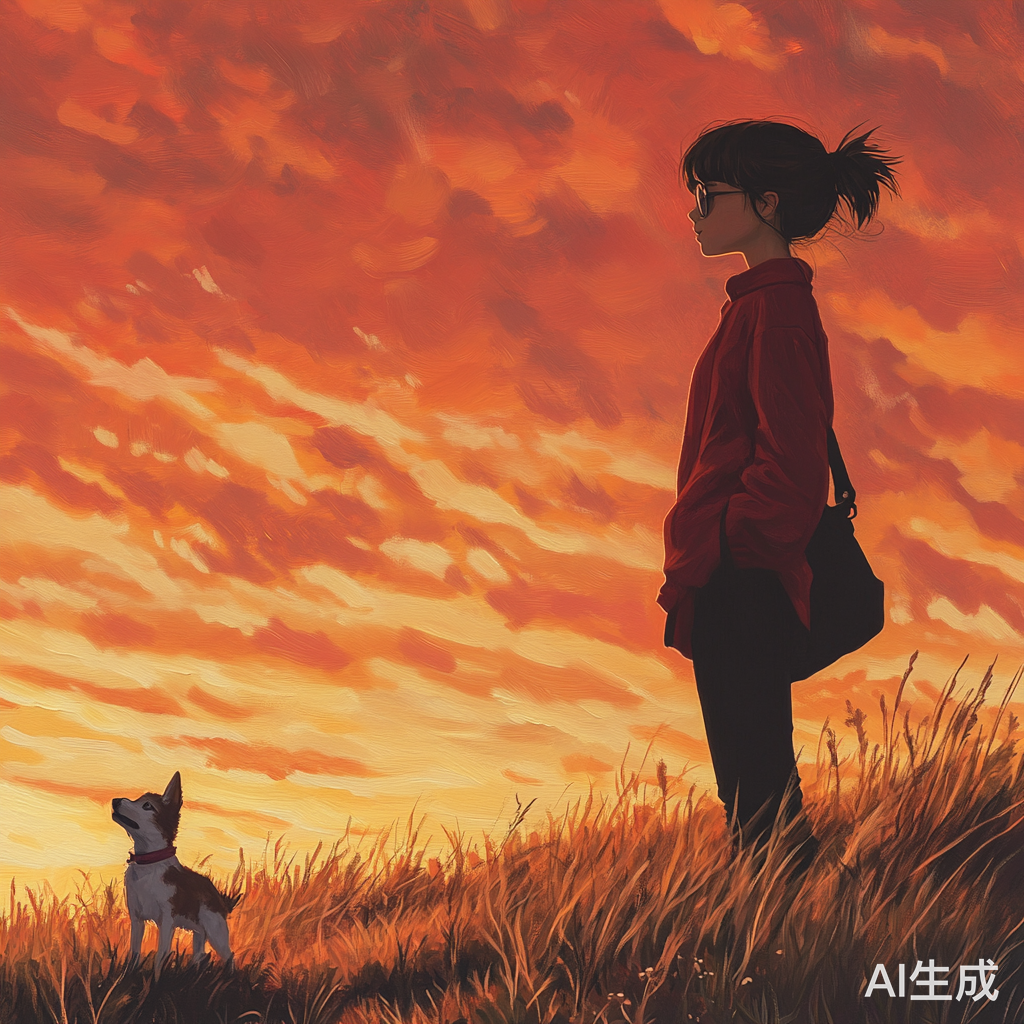 日落时分女孩与小土狗漫步田埂