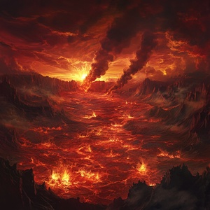 火焰山场景:a vast expanse of red-hot desert with bill owing lava, a fierce demon king battling against the monkey king in the center, the intense heat and fiery glow filling the atmosphere.