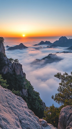 泰山日出美景，早晨，真实拍照感，超高清，云雾缭绕，8k，超广角，远景，饱满，大师作品。