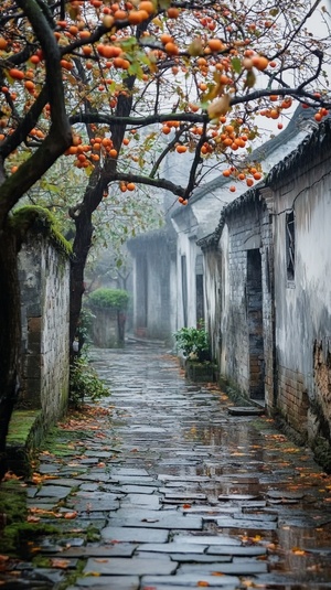 江南小镇，古老的青石小巷，雨丝轻柔地洒落，柿子树满载金黄柿子，树下青藤缠绕，朦胧的水汽渗透过古屋的窗棂，静谧而温馨的氛围，青瓦白墙映衬出秋日的宁静。