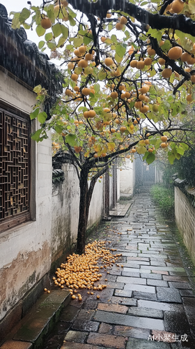 江南小镇秋日静谧的青石小巷与金黄柿子