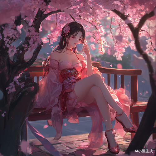 汉服女孩在樱花长椅上甜美微笑