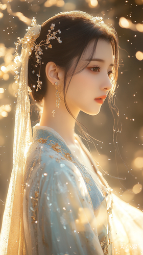 Stunning Hanfu Dress in Fairytale Setting with Golden Sunshine