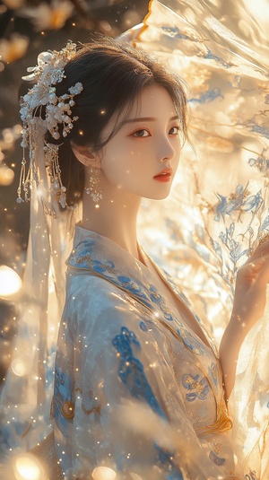 Elegant and beautiful Chinese attire, a gorgeous Hanfu dress, set against a fairytale-like background. Bathed in golden sunshine, the delicate fabric is adorned with shimmering blue and gold silk thread embellishments. The high-definition photography captures the natural, charming expression of the subject, with delicate facial features and captivating eyes. ar 71:114