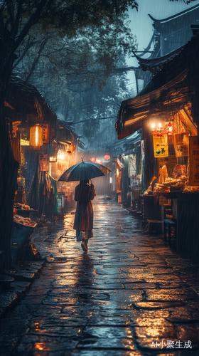 细雨夜晚的老街与温暖的灯光