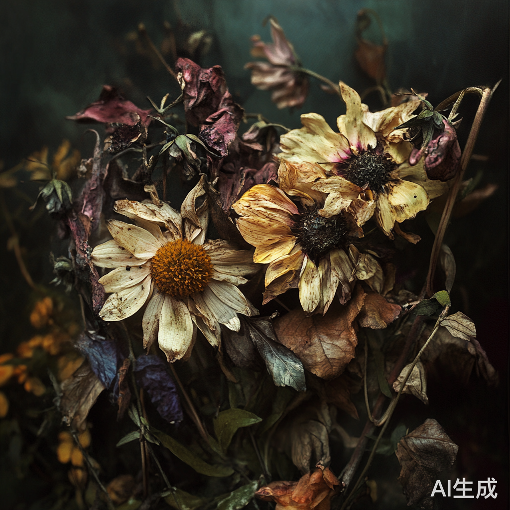 凋零的花朵象征生命的脆弱与转瞬即逝