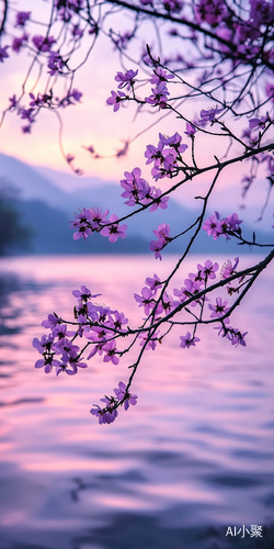 静谧湖面落日余晖与紫花树的自然景观