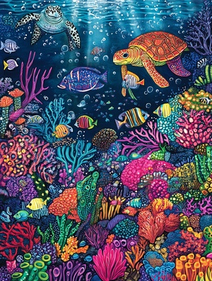 Create an AI-generated image depicting a vibrant and colorful underwater world. Imagine a vast ocean filled with an array of marine life, each species adorned in a spectrum of hues. The scene should feature schools of fish swimming in various patterns, their scales shimmering with iridescent colors that reflect the sunlight filtering through the water. Include coral reefs in a rainbow of shades, from deep reds and oranges to soft blues and greens, providing a stunning backdrop for the marine inhabitants. Do