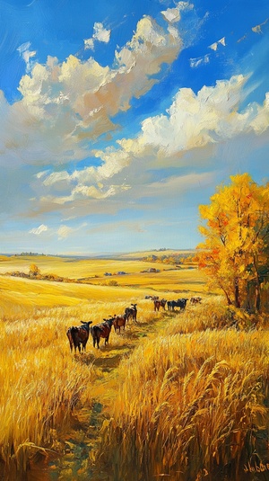 Autumn is thick, the fields are covered in gold, the vast pasture, the sky is high and the clouds are light, the cattle and horses are leisurely,the sunshine is gently sprinkled on every inch of the land, the rice is low, golden, and the wind dances lightly, like a golden ocean.Clear color picture, dmitry spiros, romantic emotion, Klein blue, american romanticism, francois boquet,romantic chiaroscuro ar 9:16 stylize 1000 v 6.1