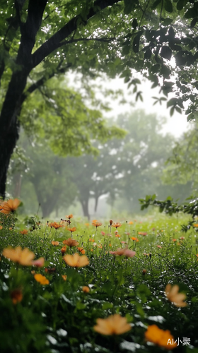 微风细雨中的花草树木轻盈摇曳