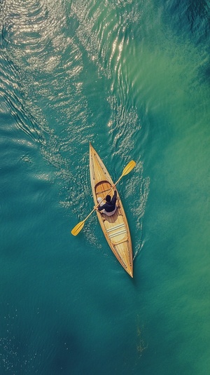 a man riding a wooden kayak in the water, water in the style of rainbow color mixing, aerial view